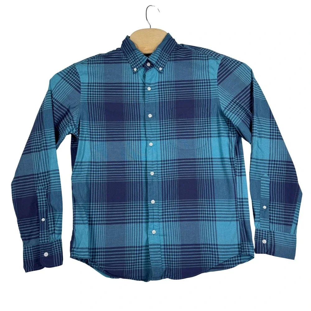J Crew Shirt Mens M Short Blue Plaid Slim Fit Long Sleeve Button‎ Down Classic